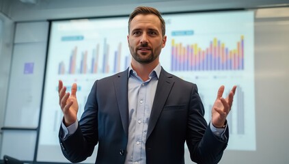 Professional man presenting business data with graphs on a projector screen in a conference room
