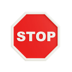 3D render of a flat red octagonal stop sign with white text, isolated on white background, symbol of traffic control and regulation.