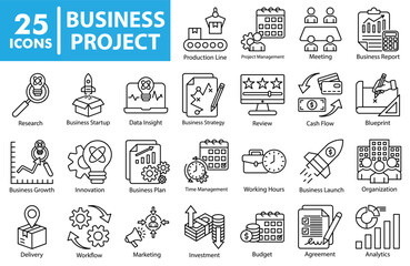 Business project icon set collection in outline style. An icon pack contain time management, working hours, business launch, organization, review, cash flow, blueprint, budget, agreement, analytics