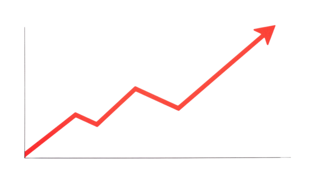 An illustrative 3D financial chart with a red arrow showing a Growth in the stock market