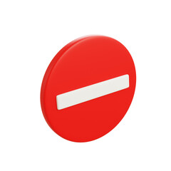 3D render of a circular red no entry road sign with white horizontal bar, isolated on white background for traffic regulation and safety.