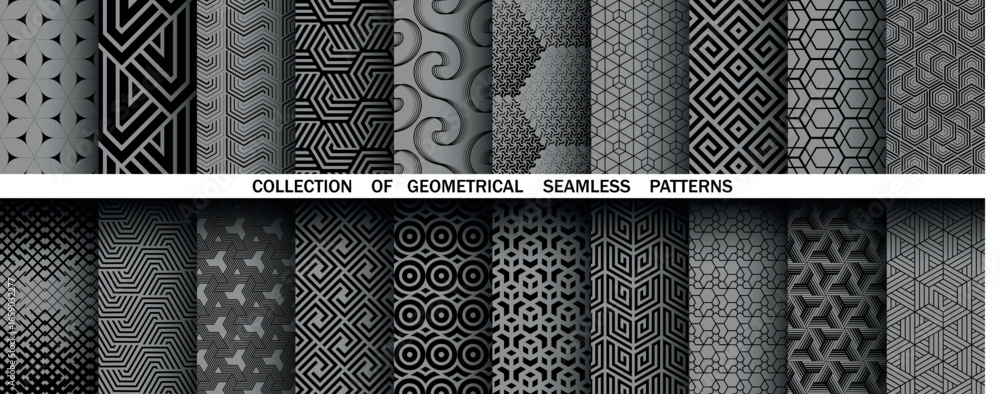 Poster geometric set of seamless black and gray patterns. simple vector graphics