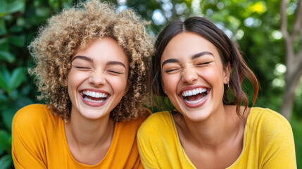 Obraz premium Joyful friends laughing together in nature, showcasing happiness and friendship
