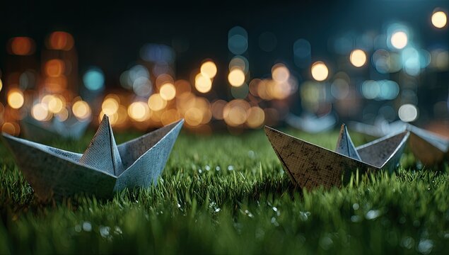 Cityscape at night, paper boats on grass