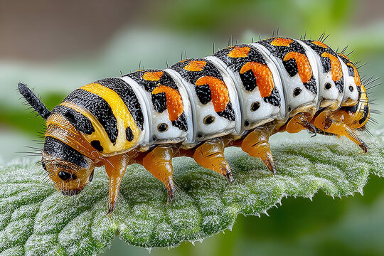 A macro photo of a large striped caterpillar on a leaf - Powered by Adobe