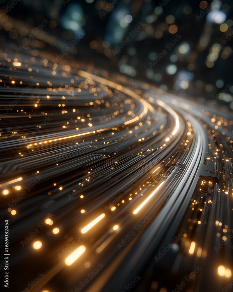Poster digital highway: abstract view of data streams, glowing in the night. illuminating city lights as ba