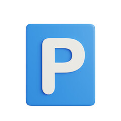 3D render of a blue square parking traffic sign with white letter P upright, isolated on white background for urban parking regulation.