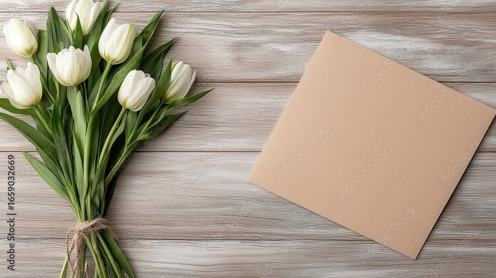 Poster fresh white tulips arranged with blank card on rustic wooden surface create serene atmosphere