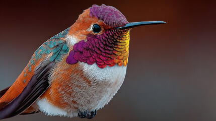 Detailed portrait of a hummingbird with a striking purple head