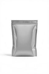 A matte silver standup pouch centered on a white background