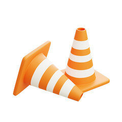 3D illustration of two orange traffic cones with white stripes, placed on white background, used for road safety and caution warning.