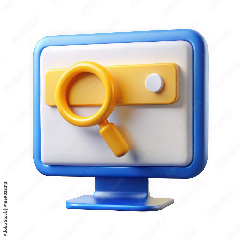 Poster 3d search icon on computer monitor isolated on transparent background