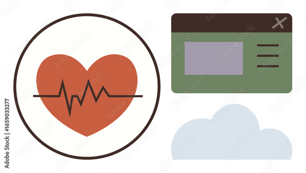 Poster heartbeat icon with pulse line, cloud shape, and user interface panel. ideal for health, fitness, te