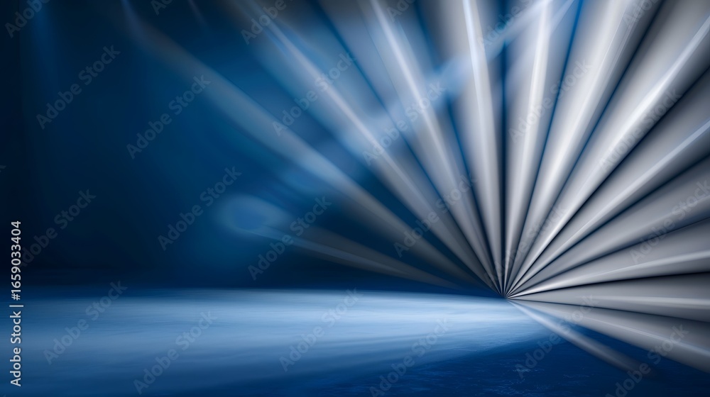 Poster a dark blue space features beams of light emanating from a point off-center, creating an abstract ye
