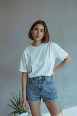 A fashion photography shot of a young woman in a minimalist studio setting. The subject wears a plain white oversized t-shirt and high-waisted blue denim shorts with rolled cuffs. 