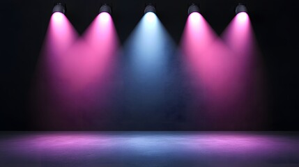 The scene showcases a dark room illuminated by spotlights, with pink and blue hues creating a vibrant yet moody atmosphere on the textured wall and floor.