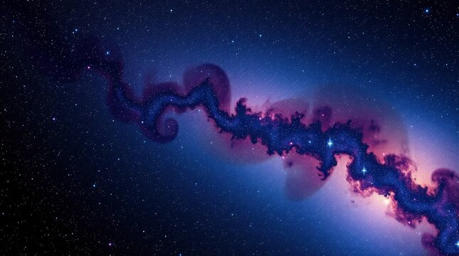 A purple and blue galaxy swirling through space dotted with stars