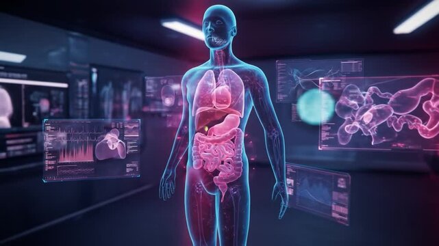 Glowing blue human anatomy with pink internal organs is surrounded by transparent displays of data and medical scans - Powered by Adobe