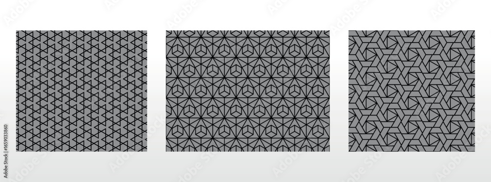 Poster geometric set of seamless black and gray patterns. simple vector graphics