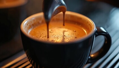Close-up of hot espresso coffee with crema and foam being poured into a dark mug. Rich brown beverage with inviting aroma, perfect for morning breakfast or a relaxing break at cafes.