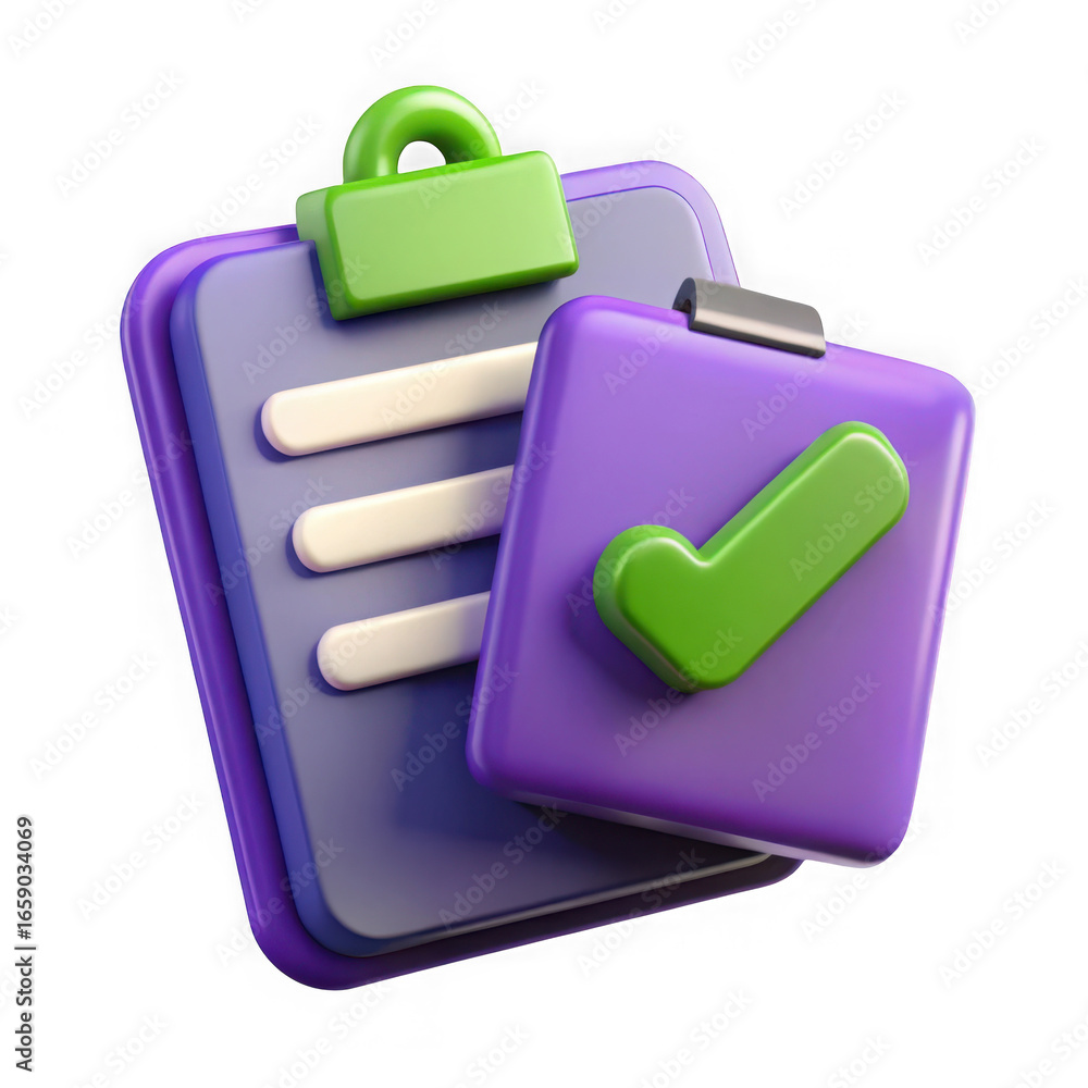 Poster 3d checklist and clipboard with checkmark isolated on transparent background