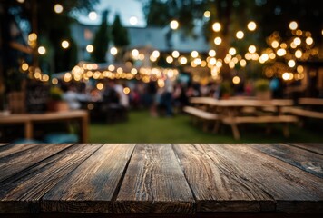 Outdoor evening scene of a lively outdoor dining area with string lights, wooden tables, and blurred patrons enjoying a social gathering under a canopy of warm glowing lights
