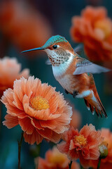 Naklejka premium A hummingbird gracefully flying next to a beautiful, ruffled orange flower