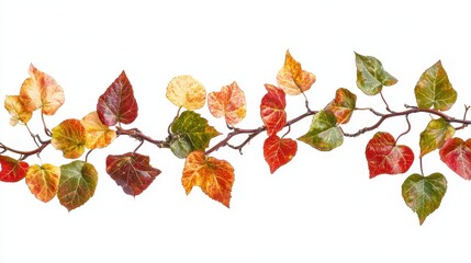 Fototapeta premium Colorful autumn ivy leaves and vine, isolated against a clean white background. Use for seasonal cards, invitations, or nature-themed designs.