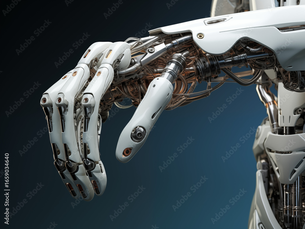 Poster futuristic robot arm with intricate details, ideal for technology, ai, and robotics concepts