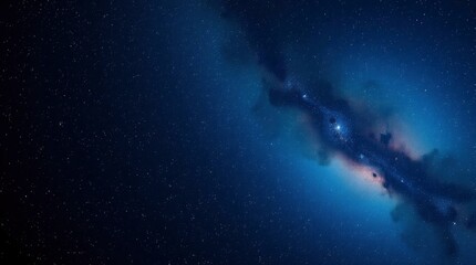 A wide view of a dark blue and violet galaxy with dense areas of stars and dust