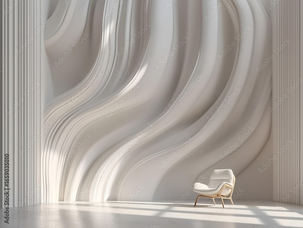 Poster a minimalist scene featuring flowing fabric and a white chair, the setup enhances the effect of dept