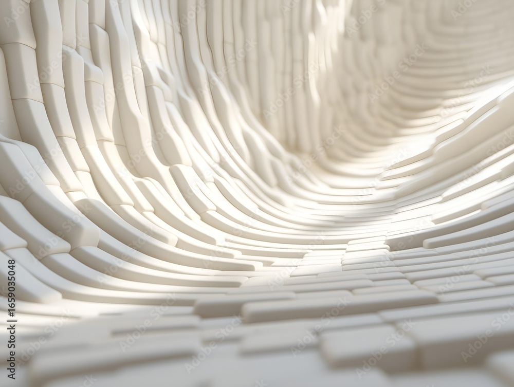 Poster an abstract architectural design with layered shapes and textures, promoting a sense of depth and mo