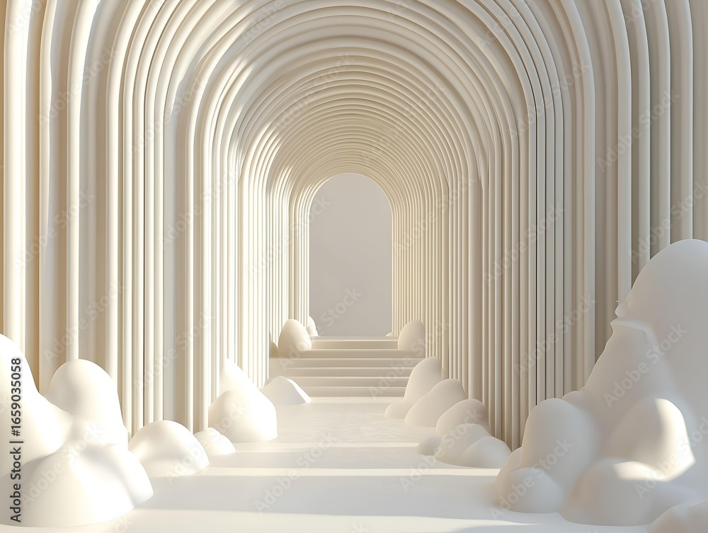 Poster an architectural scene featuring arches and symmetry, with a sense of perspective and spaciousness, 
