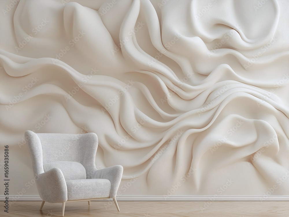 Poster a minimalist design with flowing fabric and a chair, the setup produces a soft and elegant appearanc