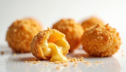 Crispy fried mac and cheese bites, golden brown appetizer with gooey melted cheese inside. Delicious breaded balls, perfect party snack or comfort food. Isolated on white background.