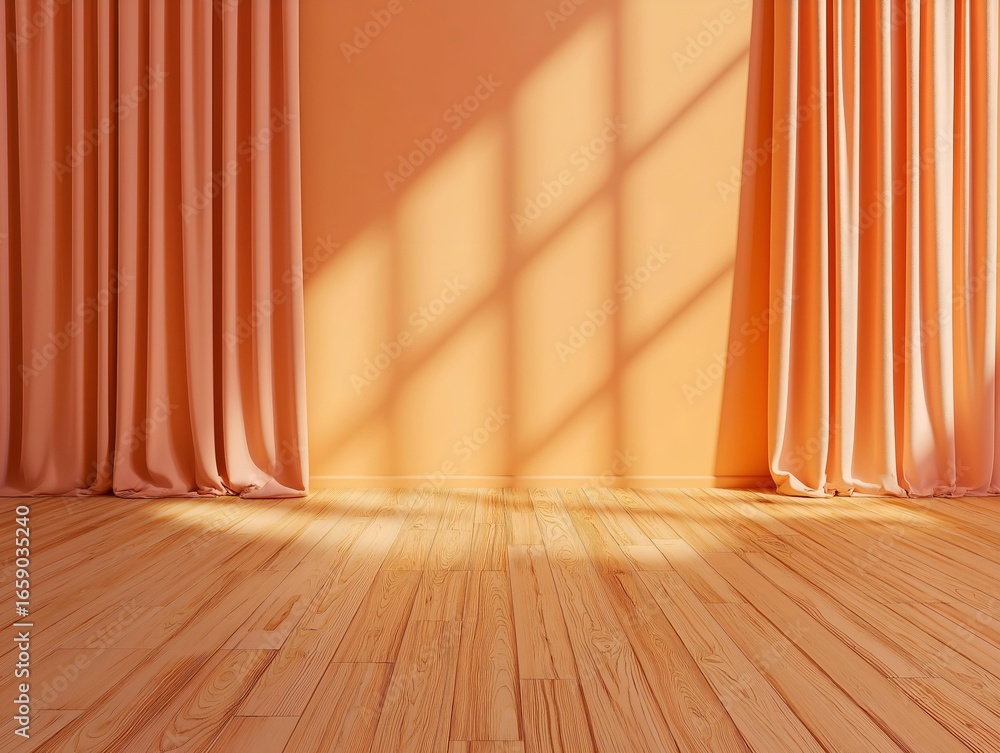 Poster an interior design with orange curtains and wooden flooring, creating a sense of warmth, while sunli