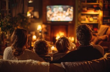 Group of enjoying a cozy movie night together in a warmly lit living room with a large screen and comfortable seating
