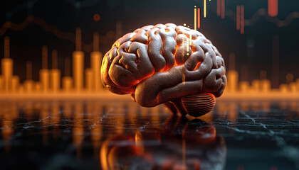 Human brain illustration with superimposed financial stock market graphs, bar charts. Financial intelligence, cognitive processes, economic growth, investment strategy, trading analysis, market risk.