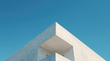 Modern minimalist architectural structure with sharp angles and clean lines against a clear blue sky