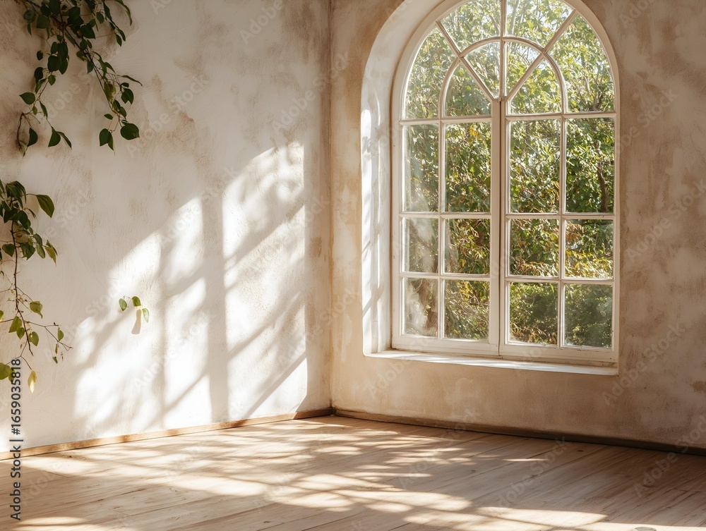 Poster a room with window and greenery, creating shadows, generating depth, the composition creating a sens
