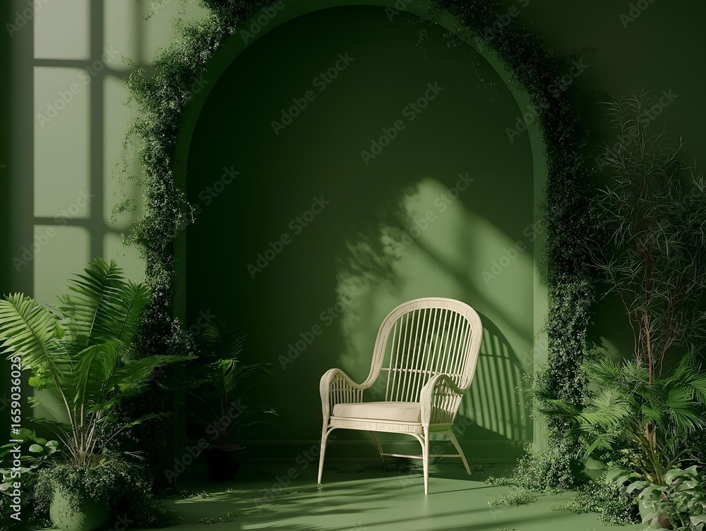 Poster an interior setting featuring a chair with greenery and shadows, generating a feeling of openness an