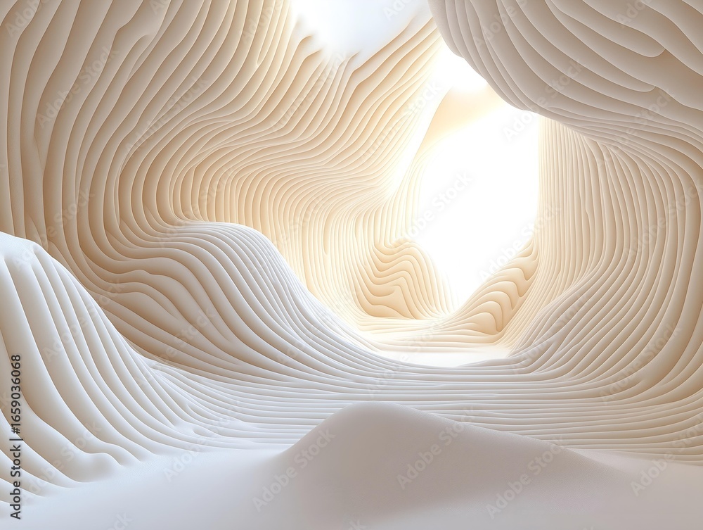 Poster an architectural design with a layered structure, featuring a light source, creating a sense of pers