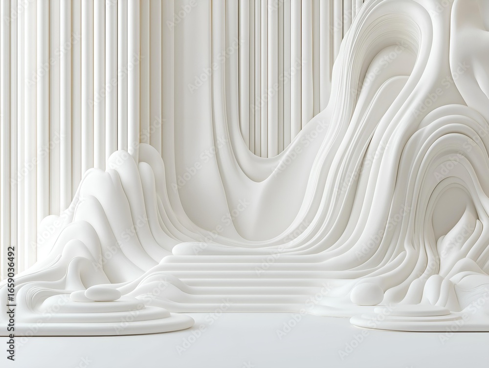 Poster an architectural composition with layered fabric and a pedestal, the design enhances the feeling of 