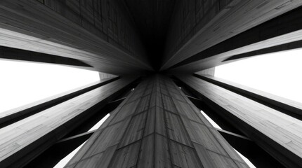 Angled black and white view of towering structure with beams radiating from the center creating geometric patterns against a bright background