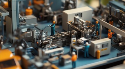 Industrial Miniature Workshop with Workers and Machinery Setup