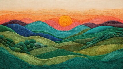 Vibrant Embroidery Artwork of Colorful Hills and Setting Sun Over Landscape