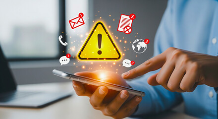 Smartphone user facing digital alert with urgent notifications about email, calls, and messages