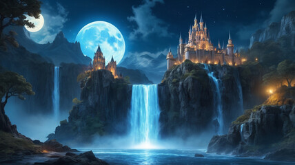 "A Glowing Fantasy Castle Perched on a Massive Waterfall, Creating a Mythical Scene of Power and Beauty."