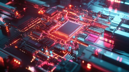 Fototapeta premium Glowing Circuit Board with Neon Lights and Technology Elements