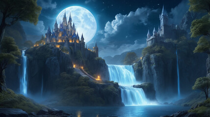 "A Glowing Castle on a Massive Waterfall, a Beacon of Light in a Storm, Embodying the Power of Resilience and the Beauty of Fantasy."